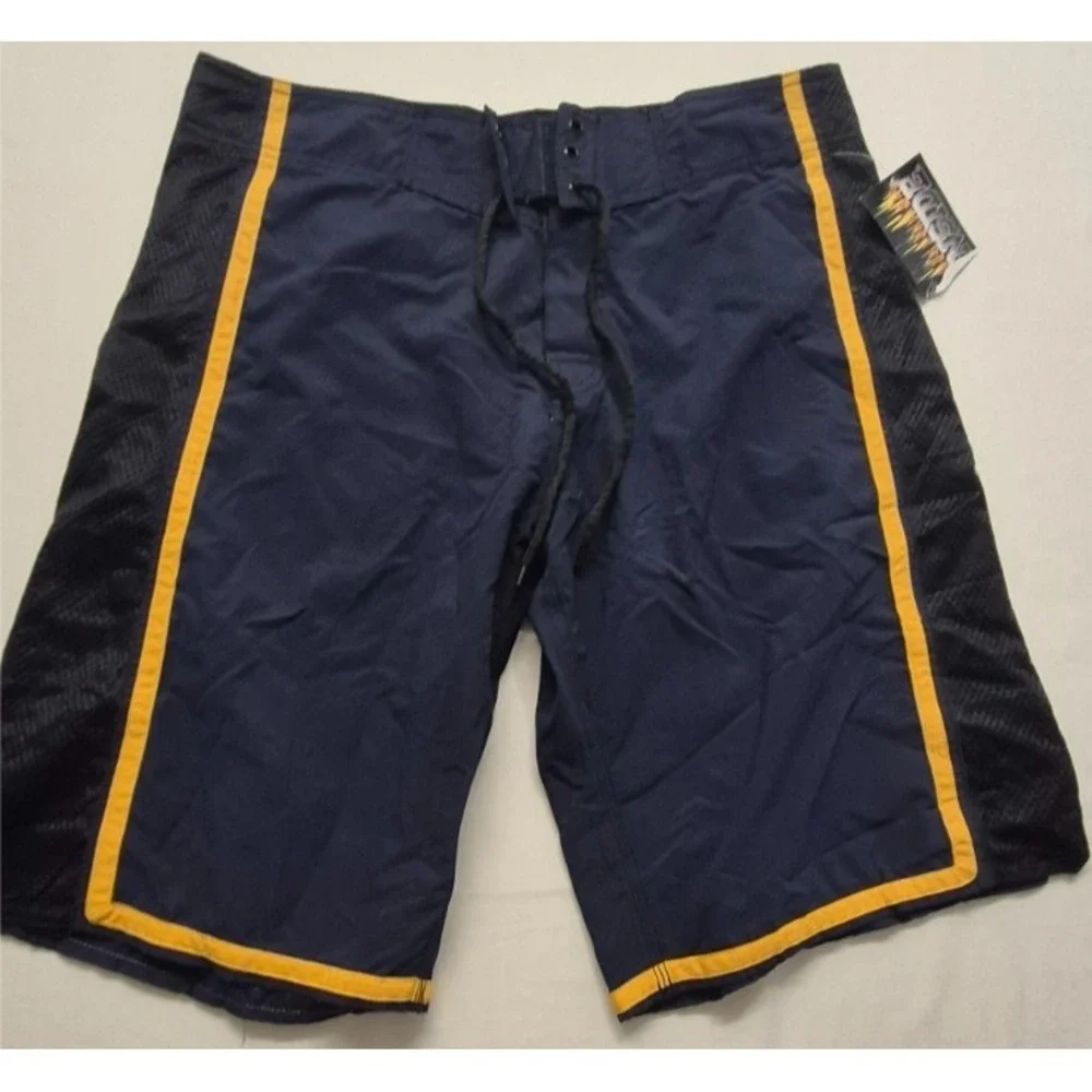 NWT Burnside men's‎ navy blue/black/yellow board shorts sz. 32 drawstring